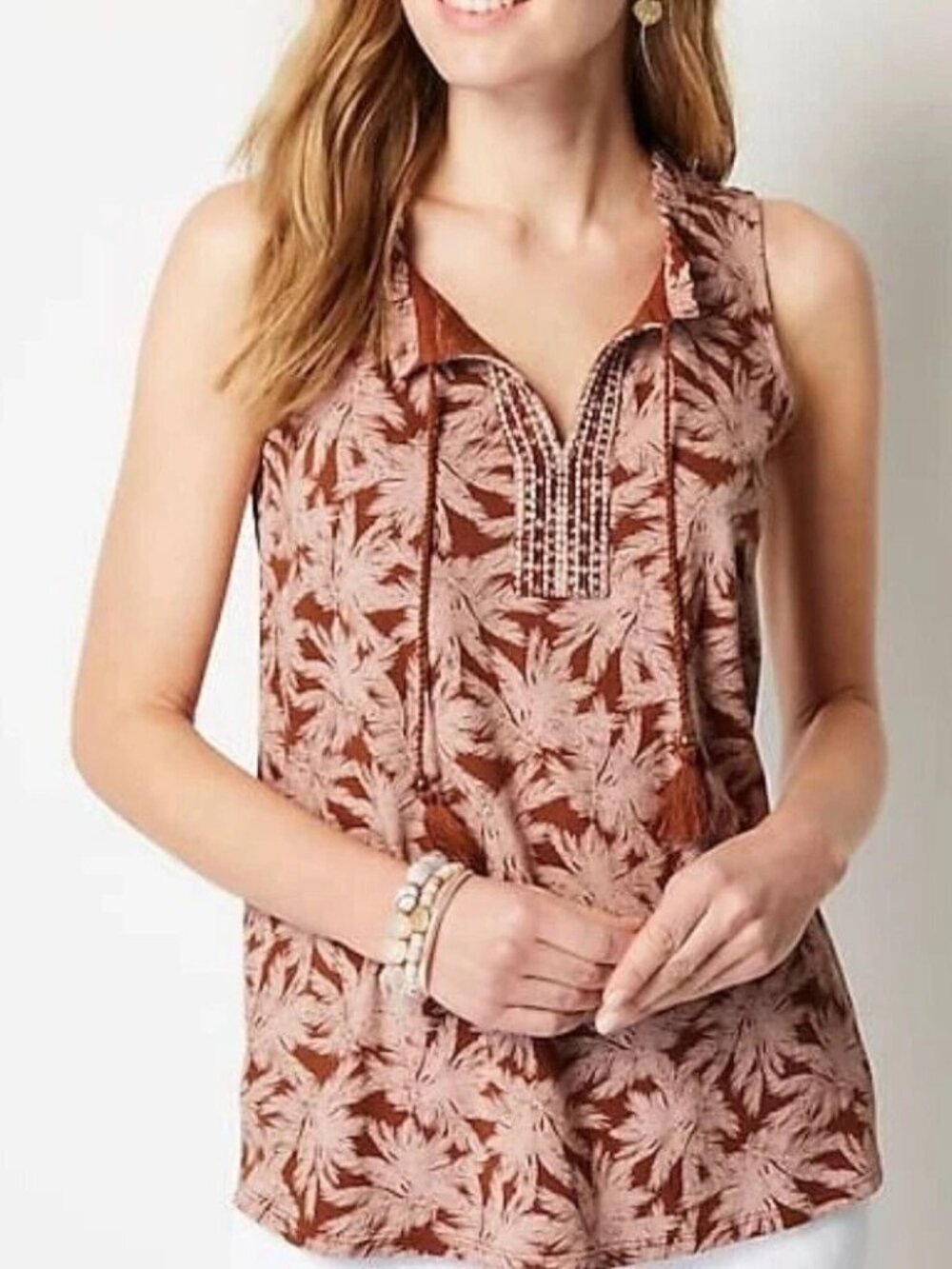 J. Jill 2X Sleeveless Bellissima Tasseled Top Brown Pink Palm Leaf Print Boho